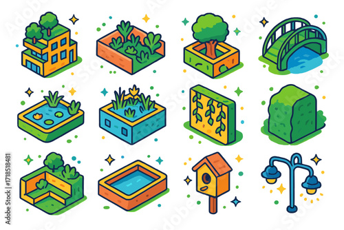 Eco-Friendly Building Icons. Colorful isometric vector icons set of nature-integrated buildings: building with trees on terraces, courtyard with native plants,