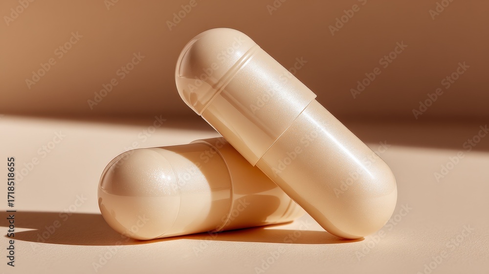 Obraz premium Two Beige Capsules Lying on a Beige Background with Soft Lighting, Promoting Health and Wellness