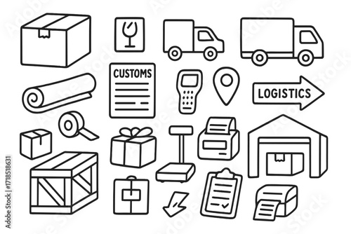 Art Shipping Doodle. Hand-drawn doodle illustration Art logistics and shipping [cardboard box, fragile symbol, shipping truck, customs form, rolled artwork,