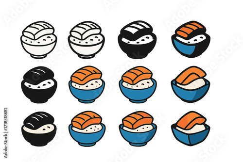 Fish and Rice Logos. Set Logo of Fish and Rice: Rice Bowl with Miso Fish Fillet. Logo set in vector style, emblematic variations. line, bold thick line, solid