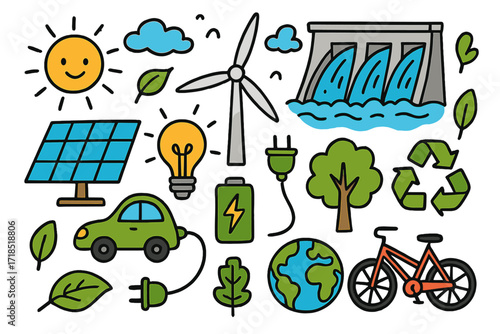 Renewable Energy Doodles. Renewable energy. Colorful Hand-drawn doodle Children illustration solar panel, wind turbine, water dam, electric car, light bulb,