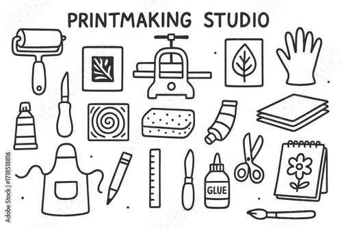 Printmaking Studio Essentials. Hand-drawn doodle illustration Printmaking Studio [ink roller, printing press, stencil, carving knife, linoleum block, paint