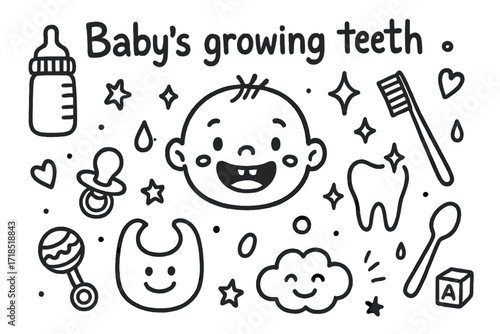 Baby's Teething Essentials. Hand-drawn doodle illustration Baby?s growing teeth [tooth, baby face, sparkle, toothbrush, bottle, pacifier, rattle, spoon, bib,