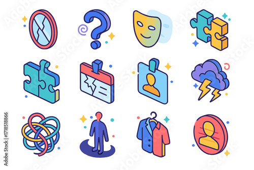 Identity Crisis Icons. Colorful isometric vector icons set of identity crisis: broken mirror, swirling question mark, fading mask, disconnected puzzle pieces,
