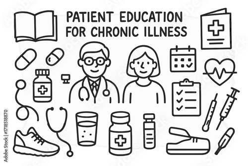 Chronic Illness Education Icons. Hand-drawn doodle illustration Patient education for chronic illness Book, pamphlet, doctor, patient, pill, medicine bottle,