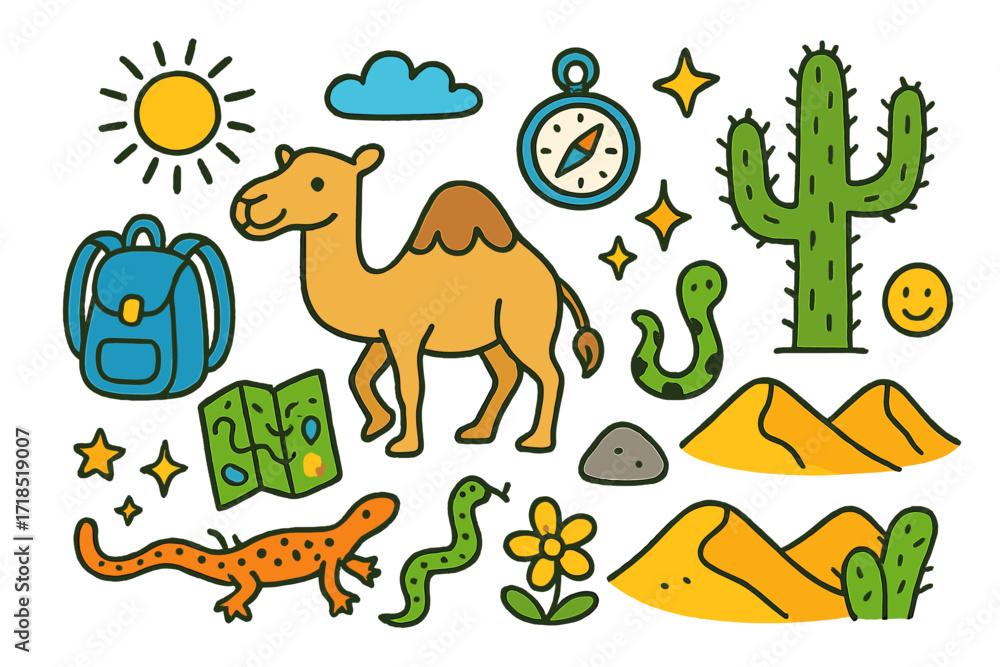 Obraz premium Desert Adventure Doodles. Colorful Hand-drawn doodle Children illustration Desert Adventure [camel, backpack, map, compass, cactus, sand dune, sun, cloud,