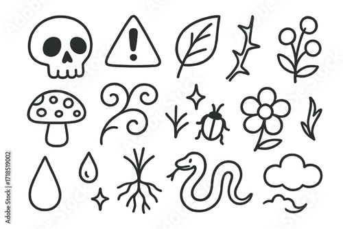 Poisonous Plant Symbols. Hand-drawn doodle illustration Poisonous plant warnings [skull, warning triangle, leaf, thorn, vine, mushroom, berry, flower, droplet,
