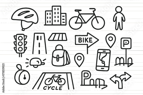 Urban Cycling Doodle. Hand-drawn doodle illustration urban cycling helmet, city buildings, bicycle, street sign, pedestrian, crosswalk, traffic light, map pin,