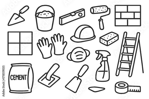 Concrete Work Icons. Hand-drawn doodle illustration Concrete finishing work on floors and walls [trowel, concrete bucket, level tool, roller brush, wall