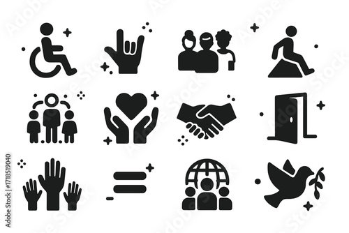 Inclusion Icon Set. Inclusion. Solid icons set of wheelchair symbol, sign language hand, diverse people, accessible ramp, inclusive circle, support heart,