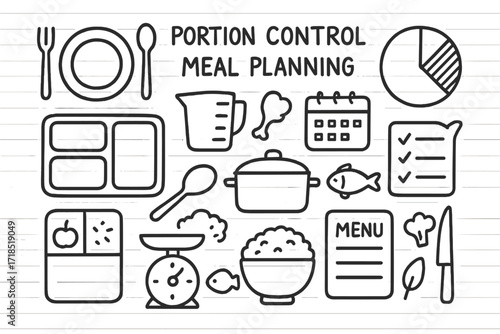 Portion Control Icons. Hand-drawn doodle illustration Portion control and meal planning [plate, fork, spoon, measuring cup, pie chart, food tray, calendar,