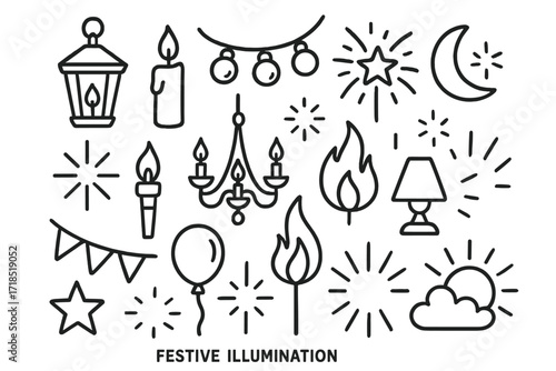 Festive Doodle Icons. Hand-drawn doodle illustration festive illumination lantern, candle, string lights, fireworks, star, moon, spark, torch, chandelier,
