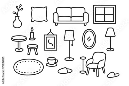 Minimalist Home Decor. Hand-drawn doodle illustration [Scandinavian minimalism] [vase, branch, pillow, sofa, window, table, candle, stool, rug, mirror, framed