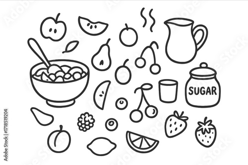 Fruit Compote Doodle. Hand-drawn doodle illustration traditional peasant farming plow, hoe, sickle, shovel, sack, basket, goat, sheep, cow, chicken, cottage,
