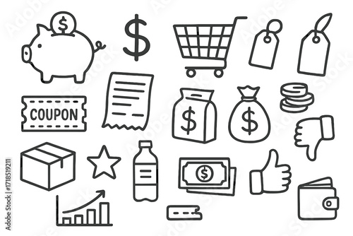 Budget Shopping Doodles. Hand-drawn doodle illustration budget shopping piggy bank, dollar sign, shopping cart, price tag, coupon, receipt, money, bag, product