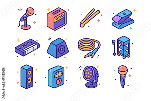 Colorful Band Icons. Colorful isometric vector icons set of band equipment and setup: mic stand, guitar amp, drumsticks, bass pedal, keyboard synth, stage