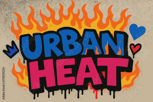 Urban Graffiti Vibes. Urban Heat ? Graffiti Simplified style, tilted thick bubble/block letters with dripping outlines, flat spray fills, flames, crowns, and