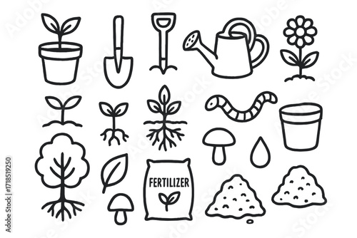 Urban Gardening Doodles. Hand-drawn doodle illustration urban soil care potted plant, shovel, watering can, sprout, roots, worm, flower, seed, compost heap,
