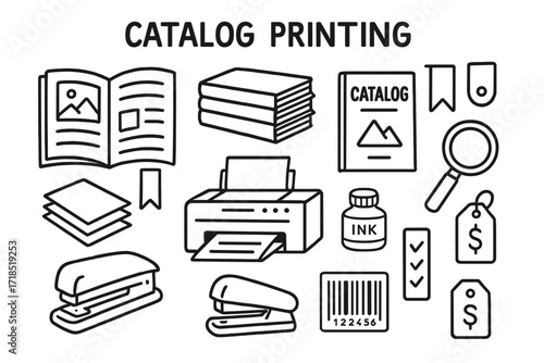 Catalog Creation Essentials. Catalog Printing. Hand-drawn doodle illustration open catalog, stack of catalogs, cover page, bookmark, paper sheets, printer, ink