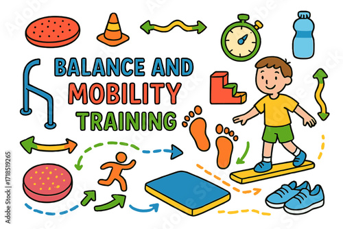 Colorful Kids Balance Training. Colorful Hand-drawn doodle Children illustration Balance and Mobility Training balance beam, wobble board, cone, walking line,