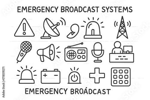 Emergency Broadcast Icons. Hand-drawn doodle illustration [emergency broadcast systems] [alert icon, satellite dish, siren, broadcast tower, microphone,