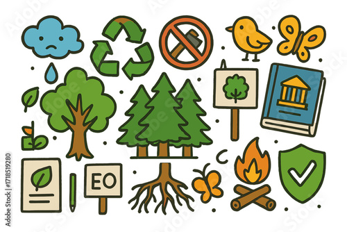 Protect Forests Doodle. Colorful Hand-drawn doodle Children illustration Protecting forests policies tree, forest, axe with cross, protest sign, recycling