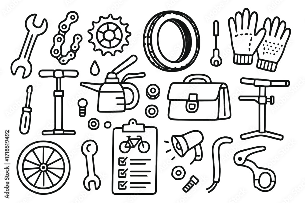 Obraz premium Bicycle Repair Doodle. Hand-drawn doodle illustration bicycle repair and maintenance wrench, chain, gear, tire, pump, screwdriver, oil can, nuts and bolts,