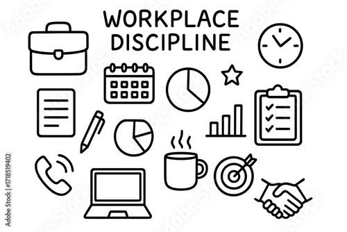 Workplace Discipline Icons. Hand-drawn doodle illustration Workplace discipline [briefcase, calendar, clock, checklist, paper, pen, pie chart, bar chart,