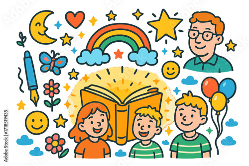 Magical Children's Book. Colorful Hand-drawn doodle Children illustration Magical Book Event glowing book, pen, author, children smiling, rainbow, star, heart,