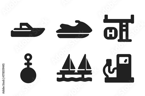 Yacht Transport Icons. Solid, filled icon set of yacht transportation: tender boat, jet ski, helicopter pad, docking station, mooring buoy, anchor, marina,