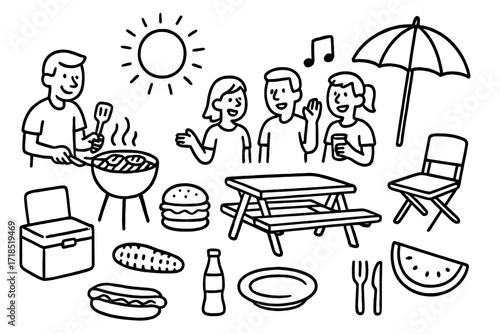 Barbecue Gathering Doodle. Hand-drawn doodle illustration barbecue gathering group of people, grill, folding chair, picnic table, cooler, burger, hotdog, corn