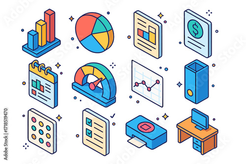 Colorful Isometric Business Icons. Colorful isometric vector icons set of Business report elements: bar chart, pie graph, summary page, financial document,