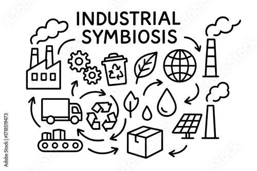 Industrial Symbiosis Doodles. Industrial symbiosis. Hand-drawn doodle illustration industrial symbiosis factory, pipes, gears, truck, package, arrows, leaf,