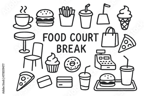 Food Court Doodles. Hand-drawn doodle illustration Food court break coffee cup, burger, fries, soda cup, ice cream cone, pizza slice, table, chair, tray,