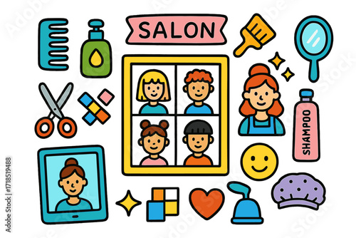Kids Salon Style Icons. Colorful Hand-drawn doodle Children illustration Salon Style Guide Display hairstyle samples, comb, scissors, lotion, digital tablet,