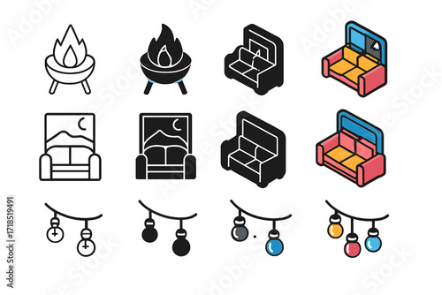 Evening Icon Set. Icon Set of Evening flow: fire pit outside, indoor sofa with view, string lights. Icons set in vector style, emblematic variations. Fire pit