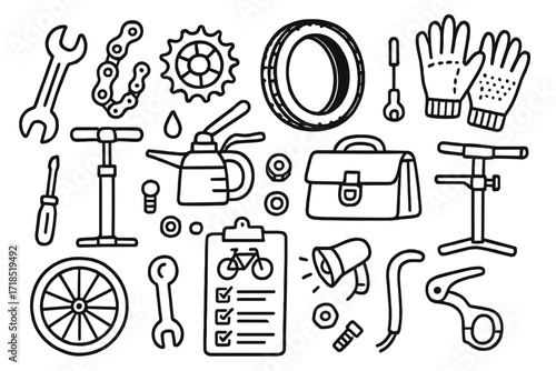 Bicycle Repair Doodle. Hand-drawn doodle illustration bicycle repair and maintenance wrench, chain, gear, tire, pump, screwdriver, oil can, nuts and bolts,