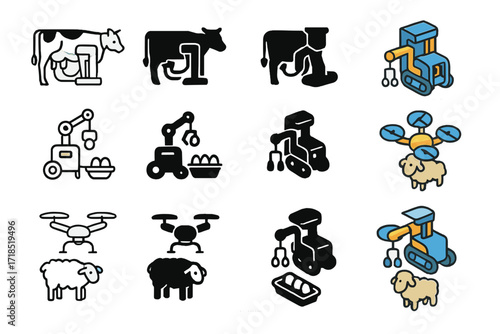 Farm Robot Icons. Icon Set of Farm Robots Assistance: Cow milking robot, Egg collection robot, Sheep herding drone. Icons set in vector style, emblematic