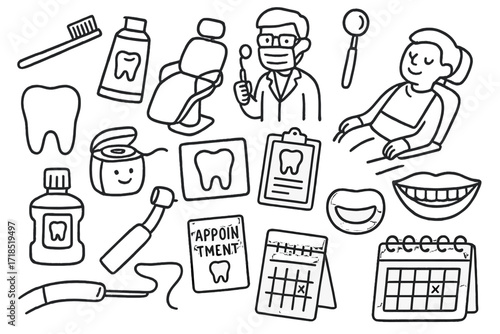 Dental Care Icons. Hand-drawn doodle illustration dental check-up toothbrush, toothpaste, dental chair, dentist, patient, dental mirror, tooth, floss, x-ray,
