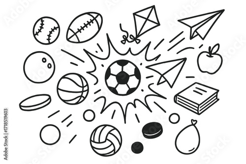 Colliding Sports Doodles. Hand-drawn doodle illustration objects colliding in mid-air Baseball, Football, Basketball, Soccer ball, Tennis ball, Volleyball,