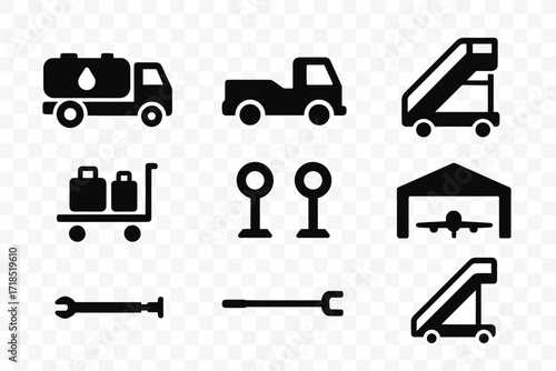 Private Jet Equipment Icons. Solid, filled icon set of private jet ground equipment: fuel truck, pushback tractor, jet stairs, luggage cart, runway lights,