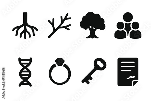 Ancestry Icon Set. Solid, filled icon set of ancestry icons: roots, branches, oak tree, family members, DNA helix, heirloom ring, antique key, historical