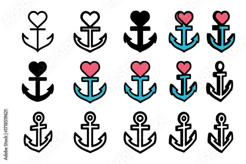Anchor Heart Logo Variations. Set Logo of Emotional Anchor: Anchor with Heart Top. Logo set in vector style, emblematic variations. line, bold thick line,