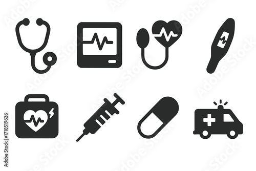 Medical Tools Icons. Solid, filled icon set of pulse medical tools: stethoscope, heart monitor, blood pressure cuff, thermometer, defibrillator, syringe, pill,