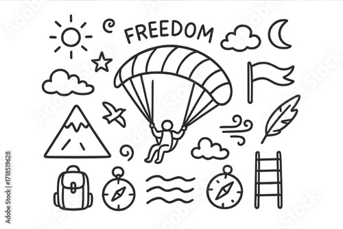 Paragliding Adventure Doodles. Hand-drawn doodle illustration paragliding freedom paraglider, parachute, mountain, cloud, sun, star, bird, wind symbol,