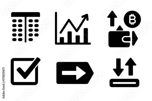 Crypto Exchange Icons. Solid, filled icon set of crypto exchange features: order book, price chart, wallet balance, trading pairs, limit order, market order,