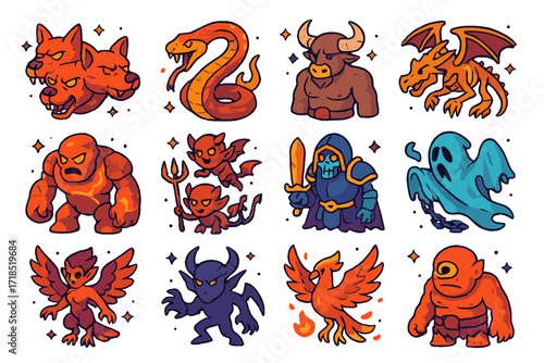 Mythical Creatures Icons. Colorful isometric vector icons set of mythological hell creatures: cerberus head, fire serpent, horned minotaur, bone dragon, lava
