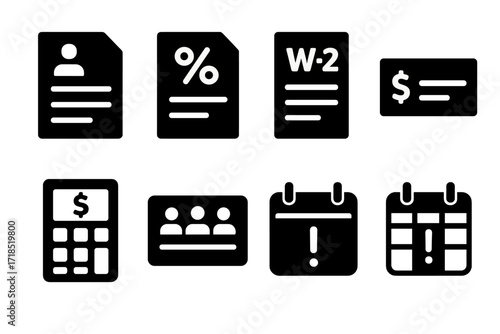 Personal Tax Icons. Solid, filled icon set of personal taxes: income statement, tax return, W- form, deduction receipt, refund check, tax calculator, social
