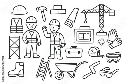 Construction Doodle Icons. Hand-drawn doodle illustration Construction workers on construction sites hard hat, safety vest, construction boots, hammer, saw,