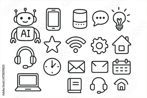 AI Doodle Icons. Hand-drawn doodle illustration AI assistants robot, smartphone, smart speaker, chat bubble, light bulb, gear, clock, laptop, envelope,